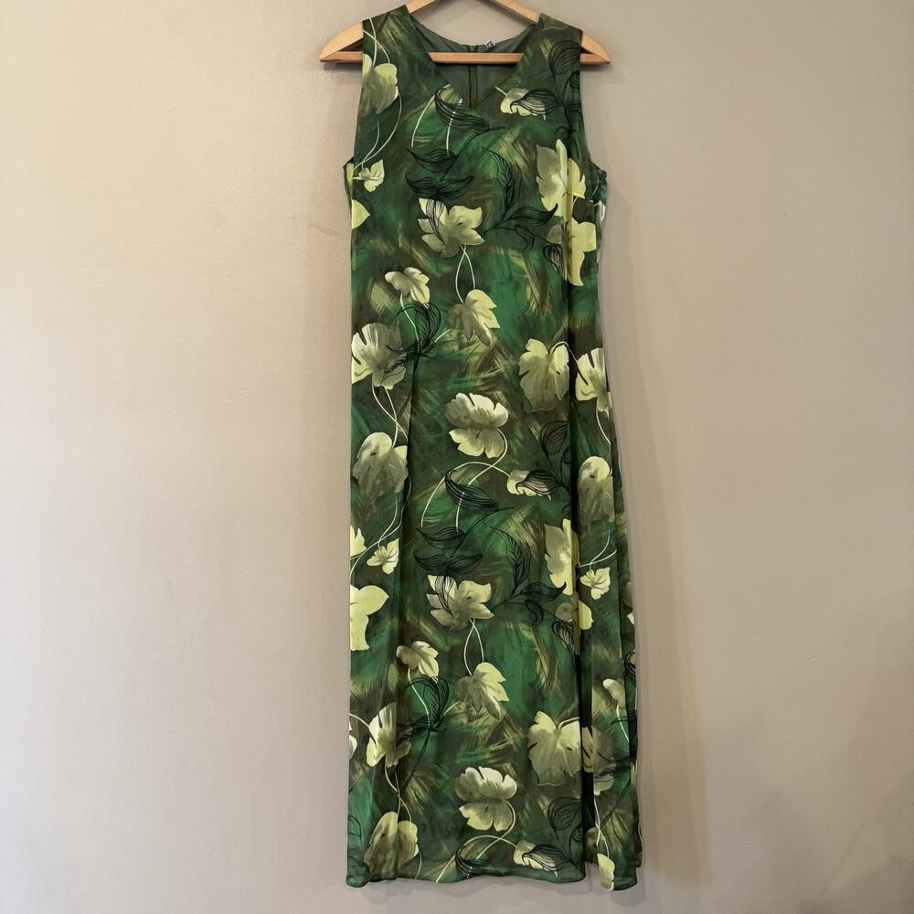 Vintage‎ 70s Maxi Dress Large Green Tropical Hawaiian Resortwear Watercolor